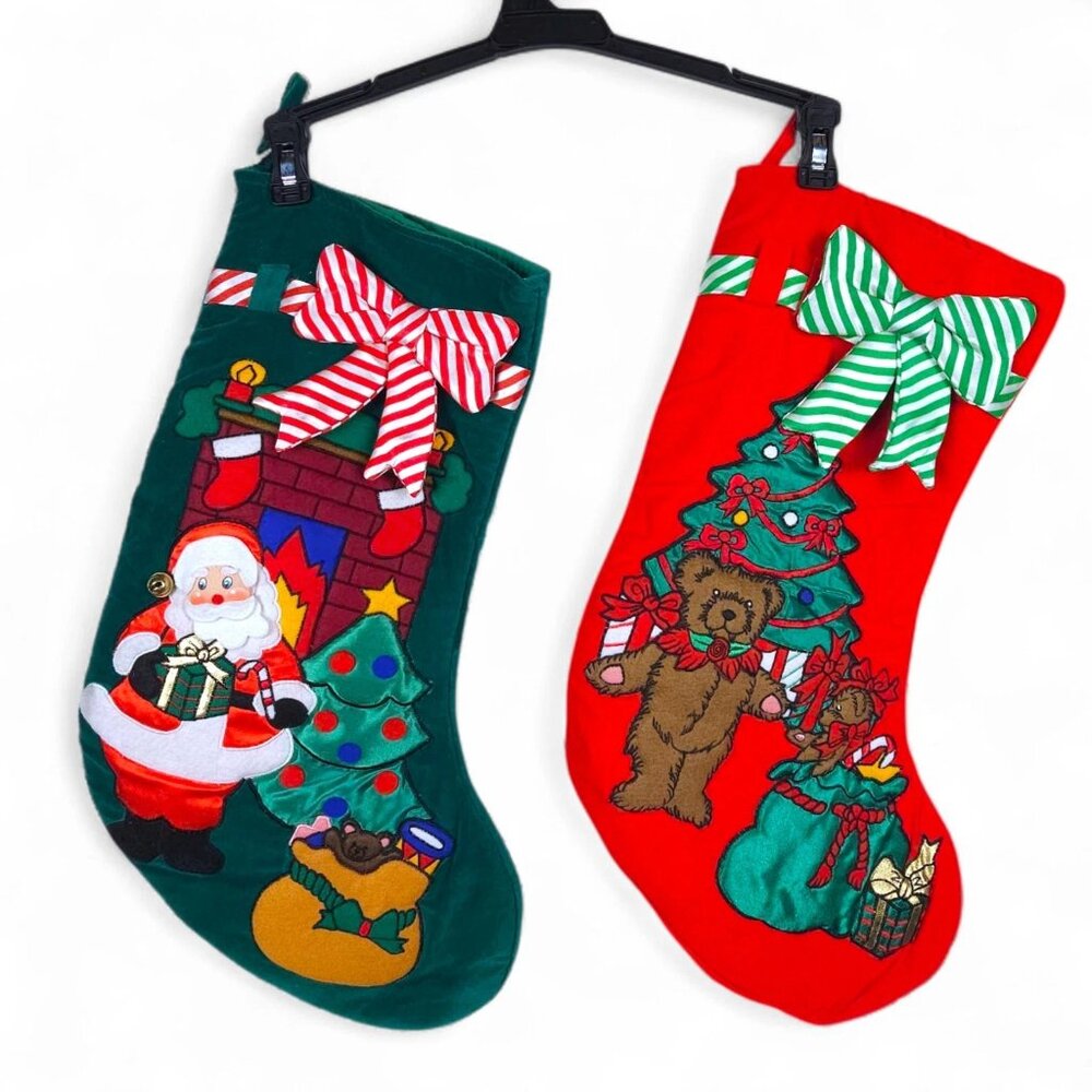 Vtg Large Velvet Christmas Stocking Set Santa Bear 3D Applique Embroidered